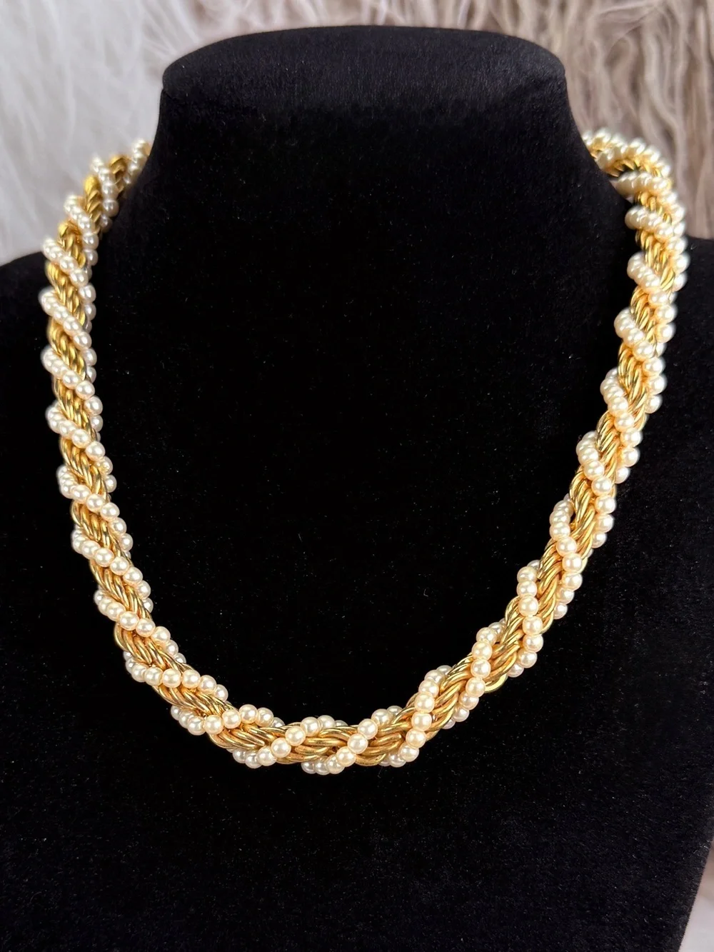 Vintage Napier Faux Pearl Rope Chain Gold Tone Necklace Signed Designer